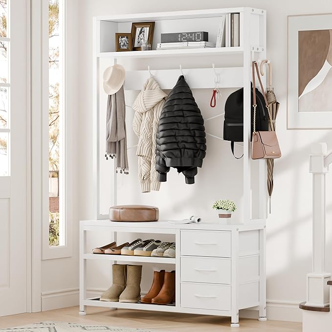 Lulive Hall Tree with Bench and Shoe Storage, 31.5" Coat Rack Freestanding with 2-Tier Storage Shelf, 5-in-1 Entryway Bench Coat Rack with 12 Hooks and 3 Drawers(White)-Ruum Studio Home