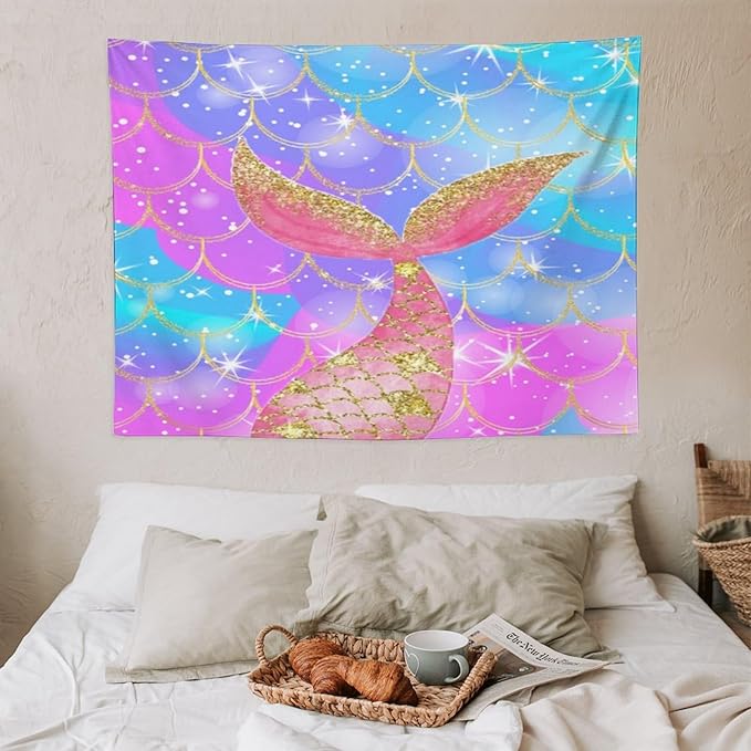 HZOHNAGO Mermaid Scales Tapestry Colorful Shiny Scales Mermaid Tail Pattern Printed Wall Tapestry Wall Hanging for Bedroom Living Room Dorm 40" W x 30" H-Ruum Studio Home