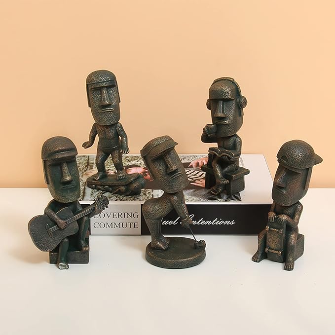 Moai Statue Decor - 6 Inch Easter Island Oranment Resin Stone Decoration for Room Accessories Antique Sculpture for Office Desktop (Play The Guitar)-Ruum Studio Home
