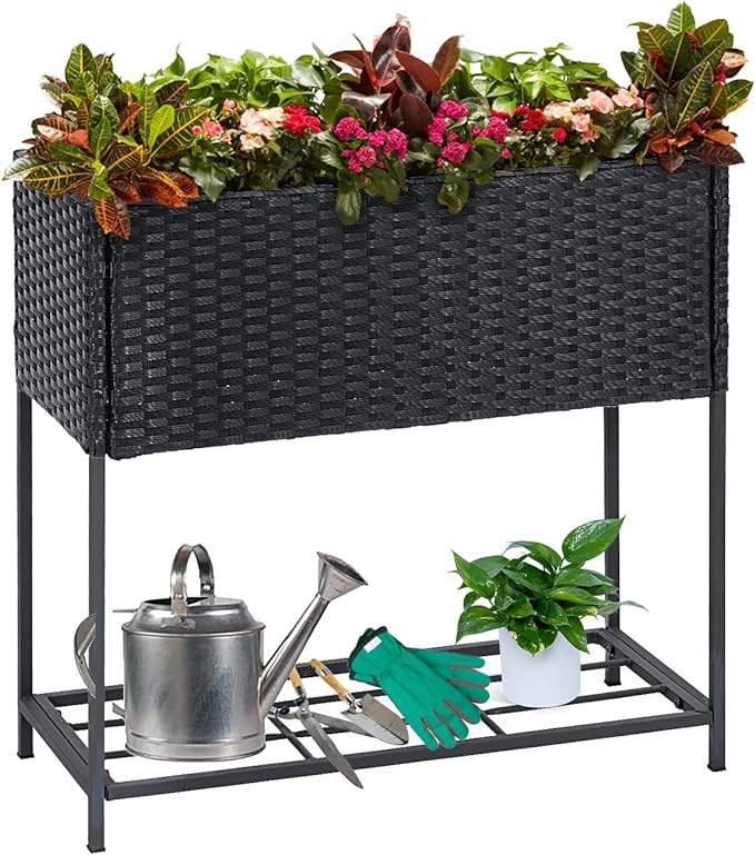 SUNNYPARK Tall Planters for Outdoor Plants Rattan Modern Elevated Planter Box with Removable Liners Indoor Outdoor Porch Patio Flower Pot (27.5’’ x 12’’ x 27.5’’)-Ruum Studio Home