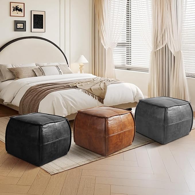Leather Ottoman,Handmade Stuffed Square Ottoman,Genuine Leather Pouf, Foot Rest Pouf,Comfortable Soft Seating for Living Room & Bedroom (Black, Square)-Ruum Studio Home