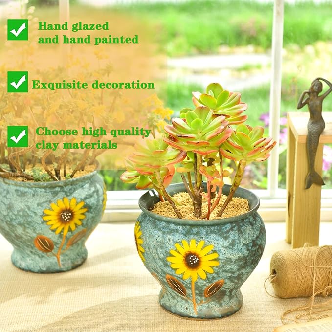 Sungmor Ceramic Hand Painted Succulent Flower Pots, 9 Inch Large Pottery Pots for Indoor Outdoor Plants, Decorative Ceramic Vase for Flower Arrangement Home Decor, Vintage Centerpieces Flowerpot-Ruum Studio Home