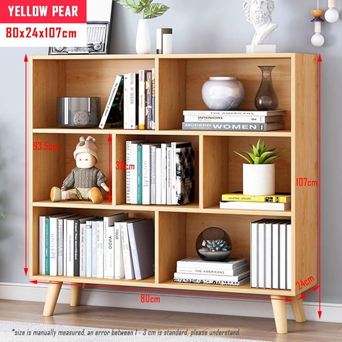 IOTXY Wooden Open Shelf Bookcase - 3-Tier Floor Standing Display Cabinet Rack with Legs, 7 Cubes Bookshelf, Pear Yellow-Ruum Studio Home