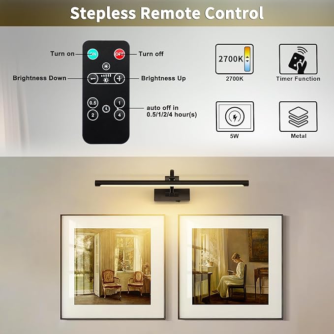 Dimmable Black Picture Lights with Remote and Timer Wireless Art Lights Rechargeable Gallery Lighting for Canvas Portrait 24'' Inch 5W Warm White-Ruum Studio Home