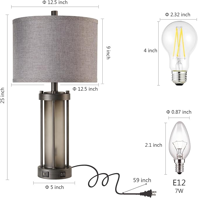 Set of 2 Rustic Table Lamps for Living Room with 2 USB Ports, Vintage Bedside Lamps with Gray Frosted Glass Night Light for Bedroom Desk Lamps for Entryway, 4 Bulbs Included-Ruum Studio Home