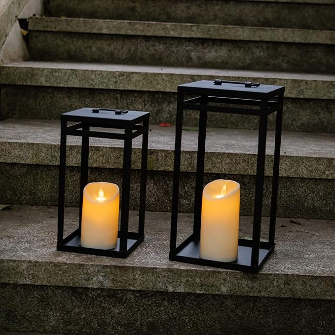 HPC Decor Black Metal Candle Lanterns Set of 2- Lanterns Decorative w/ LED Timer Candles- 15.8'' & 12.6'' Chunky Modern Farmhouse Lantern Decor for Indoor,Outdoor,Fireplace,Porch (No Glass)-Ruum Studio Home