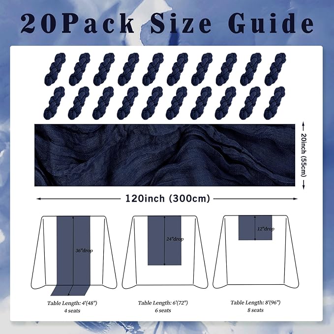 20 Pack Navy Blue Cheesecloth Table Runner 10FT Boho Fabric Rustic Cheese Cloth Table Runner for Wedding Bridal Shower Baby Shower Gauze Sheer Birthday Party Table Decorations 20 x 120 Inch Long-Ruum Studio Home