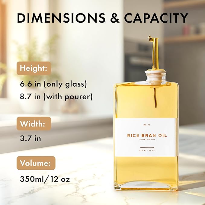 Glass Olive Oil Dispenser Bottle Set [2x12oz]: 36 Premium Gold Labels, Oil Dispenser for kitchen, Vinegar Bottle Set, Glass Dispensers for Soy Sauce, Syrup Bottles | Set of 2-Ruum Studio Home