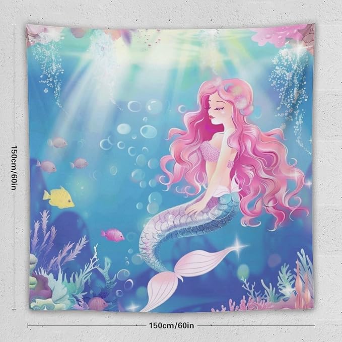 HZOHNAGO Mermaid Girls Tapestry Watercolor Mermaid Princess Pink Hair Pattern for Kids Room Decoration Printed Wall Tapestry Wall Hanging for Bedroom Living Room Dorm 60" W x 60" H-Ruum Studio Home