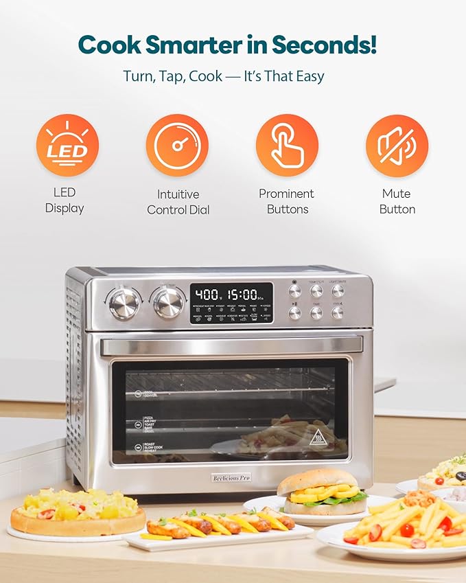 28QT Air Fryer Toaster Oven Combo, Large 12-in-1 Convection Countertop Oven with Next-Gen HeatWave Convection, 3-Layer Cooking, Rotisserie for Chicken, Fits 11" Pizza, Full Accessorie, Stainless Steel-Ruum Studio Home