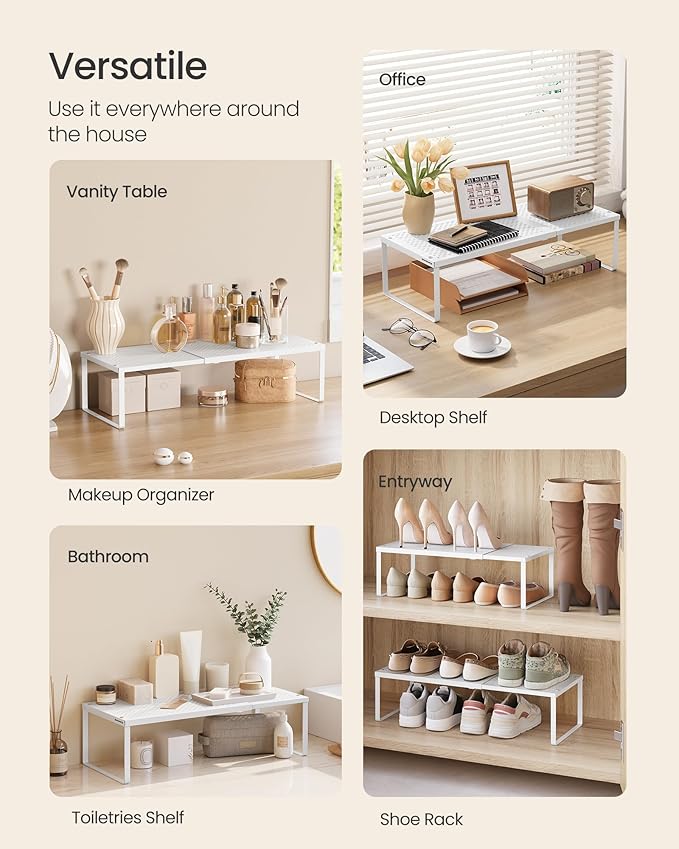 SONGMICS Spice Rack, Expandable Kitchen Countertop Shelf, Small Cupboard Organizer, Metal, Space-Saving Tabletop Shelf, Matte White UKCS007W01-Ruum Studio Home