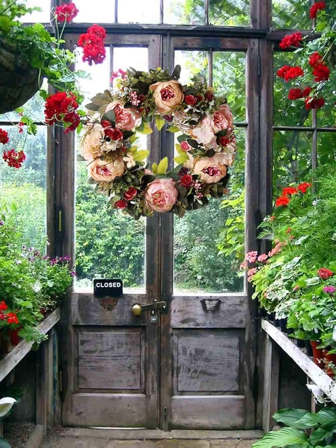 Peony Spring Wreath for Front Door, Handmade Pink Floral Wreath Artificial Spring Garland Wreath for Front Door Wall Wedding Party Home Deco-Ruum Studio Home