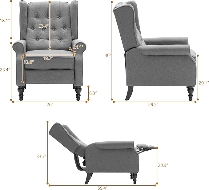 Mid Century Wingback Recliner Chair for Adults, Modern Linen Fabric Push Back Recliner Chairs with Button Tufted Upholstered Back & Footrest, Manual Recliner Chais for Living Room, Nursery, Gray-Ruum Studio Home