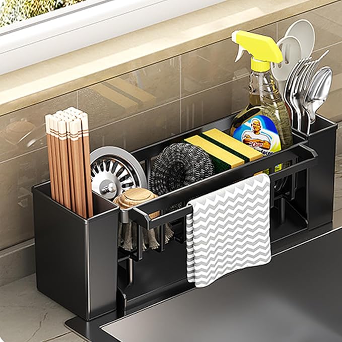 Utensil Holder, 3 Compartments Utensil Drying Rack, Dish Drainer for Kitchen Counter,Kitchen Utensils Holder with Towel Bar,Self-Draining Tray Design(Black)-Ruum Studio Home