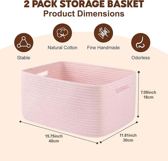 OIAHOMY Storage Basket for Shelves, Closet Cube Storage Bins Baskets for Clothes Blanket Towels, Baby Nursery, Toy Baskets Box, Woven Rope Basket, 17.72*12.99*7.87 IN, 2 Packs Mixed Pink-Ruum Studio Home