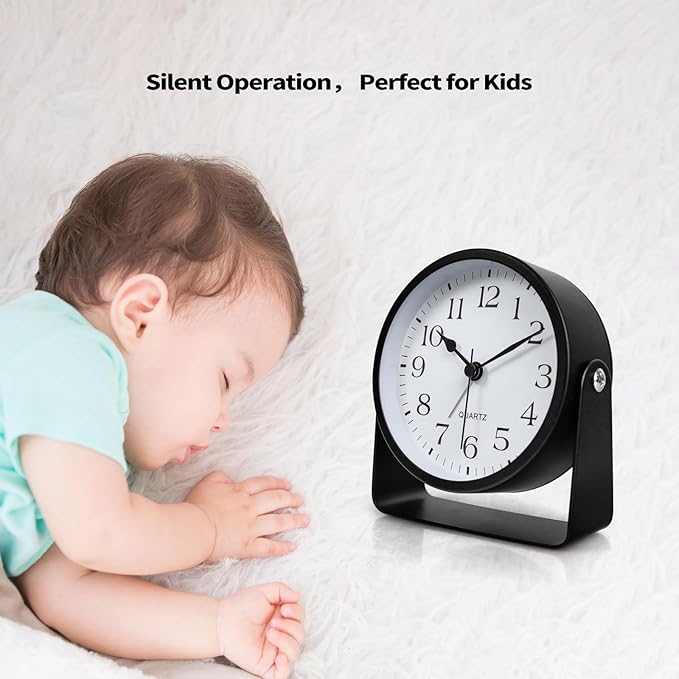 Small Desk Analog Alarm Clock Battery Powered Mini Metal Nightstand Shelf Clock with Light Side Table Decor Mid Century Cute Alarm Clock for Heavy Sleepers Bedrooms Desktop Living Room Bathroom-Ruum Studio Home