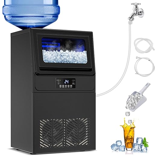 Commercial Ice Maker Machine 100 LBS/24H, 36 Ice Trays Freestanding & Undercounter Ice Machine Stainless Steel with 20 LBS Ice Storage Capacity, Ice Maker with Water Line, Dual Water Inlet, Black-Ruum Studio Home