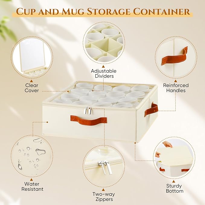 2 Pack Cup and Mug Storage Box with Dividers and Hard Shell, Stackable Coffee Cup Storage Organizer with Lid, Zipper, and Handles for Coffee Mugs, Cups, Glasses, Stemware Storage Containers for Moving-Ruum Studio Home