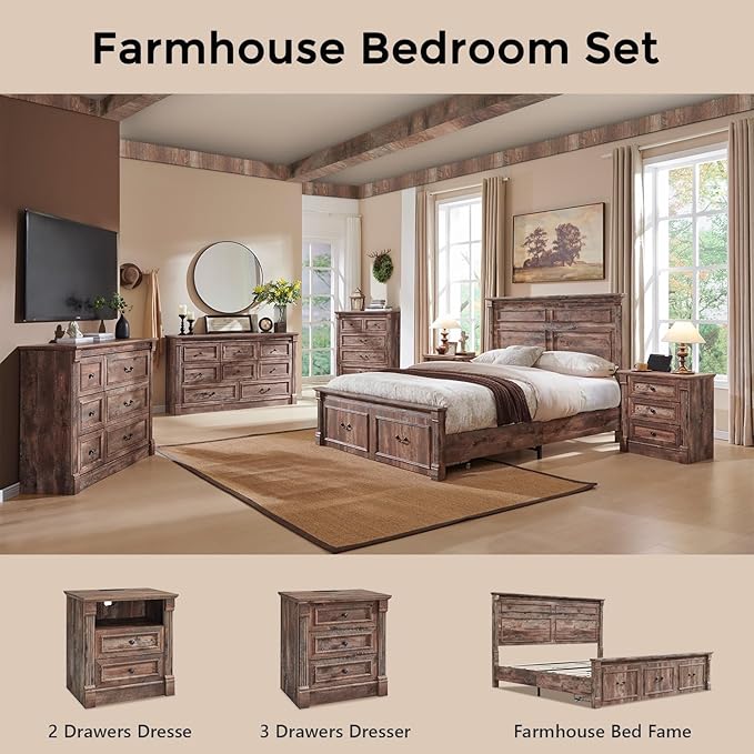 26" Tall Farmhouse Nightstand Set of 2, 3 Drawers End Table w/Charging Station, 23.6" Wide Large Side Table w/Roman Column, Wood Rustic Sofa Table for Bedroom, Light Brown-Ruum Studio Home