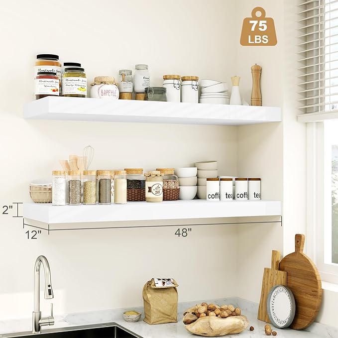 Heimlove White Bathroom Shelves Floating Shelves for Wall Shelf Over Toilet Long Wall Mounted Modern Farmhouse,48 x 12 Shelves with Invisible Brackets for Living Room, Kitchen, Bedroom-Ruum Studio Home