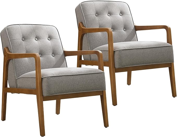 Linen Accent Chair Set of 2, Mid Century Modern Chair for Living Room, Upholstered Comfy Lounge Armchair with Solid Wood Frame, Reading Side Chair for Bedroom,105°Ergonomic Comfort, Grey-Ruum Studio Home