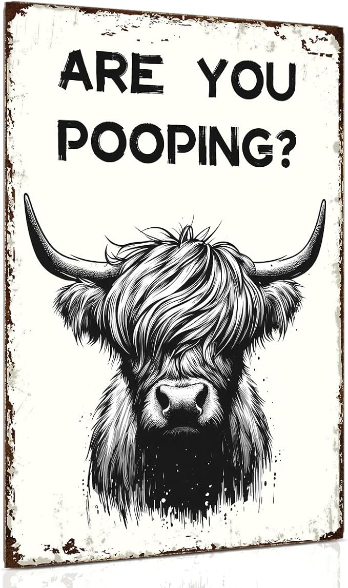 ALKB Funny Highland Cow Are You Pooping Metal Signs Vintage Farmhouse Bathroom Wall Decor Highland Cow Lovers Gift 8 x 12 Inch-Ruum Studio Home