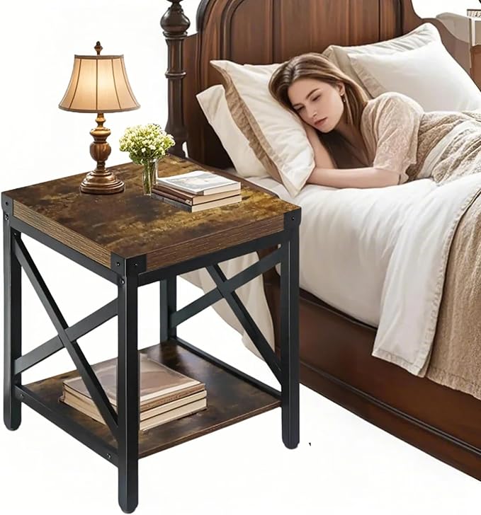 End Table Large Side Table for Living Room, Rustic Farmhouse End Tables with 2-Tier Storage, Square Nightstand Bedside Table X-Design Metal Frame, Brown (Wind, Brown)-Ruum Studio Home