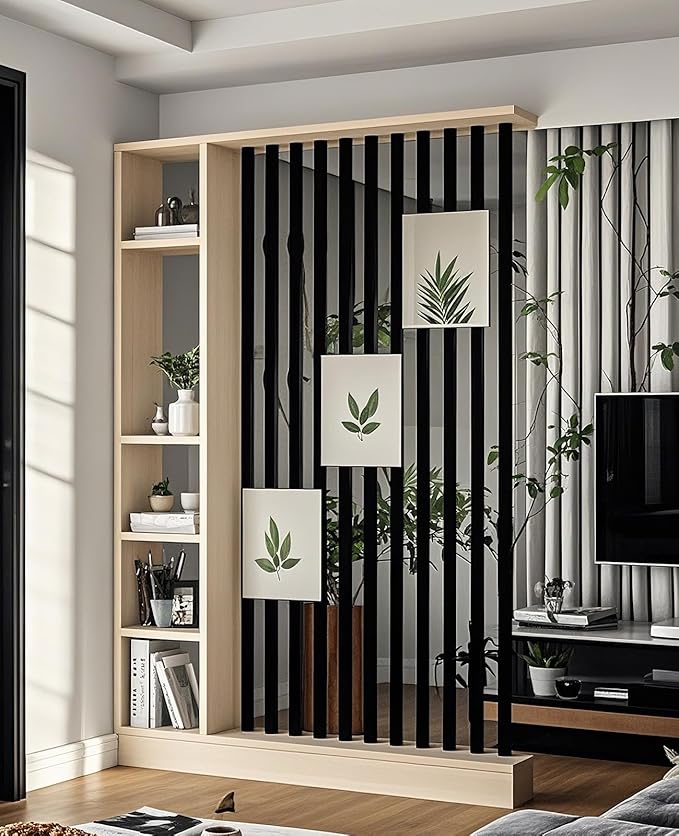 Wall Room Divider, Storage Cabinet Storage Display with Shelves, Modern Freestanding Wood Room Divider Screen, Wall Privacy Screens for Home Decorative (Beige+Black,55" L x 9.5" W x 79.5" H)-Ruum Studio Home