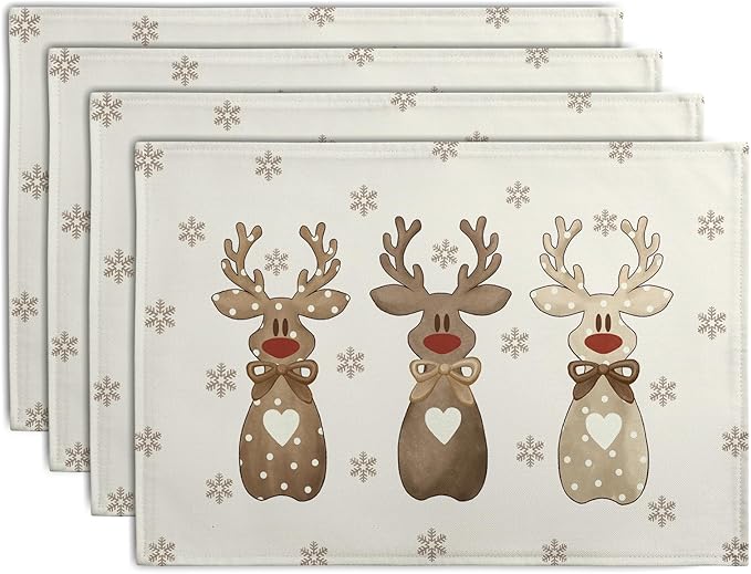 Christmas Reindeer Snowflakes Placemats Set of 4 Xmas Cute Elk Deer Place Mats 12x18 Seasonal Winter Holiday Farmhouse Linen Table Mats for Party Kitchen Dining Outdoor Indoor Decor-Ruum Studio Home