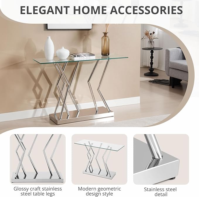 43.3" Glass Modern Console Table, Sturdy Silver Entryway Table with Stainless Steel Base, Rustic Entrance Table, Minimalist Narrow Tables for Living Room & Office-Ruum Studio Home
