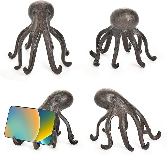 Sungmor Cast Iron Octopus Statue, Decorative Bookend, Cute Sculpture on Bookshelf or Desk, Creative Cell Phone Holder, Octopus Stand for Tablet, Black Brown-Ruum Studio Home