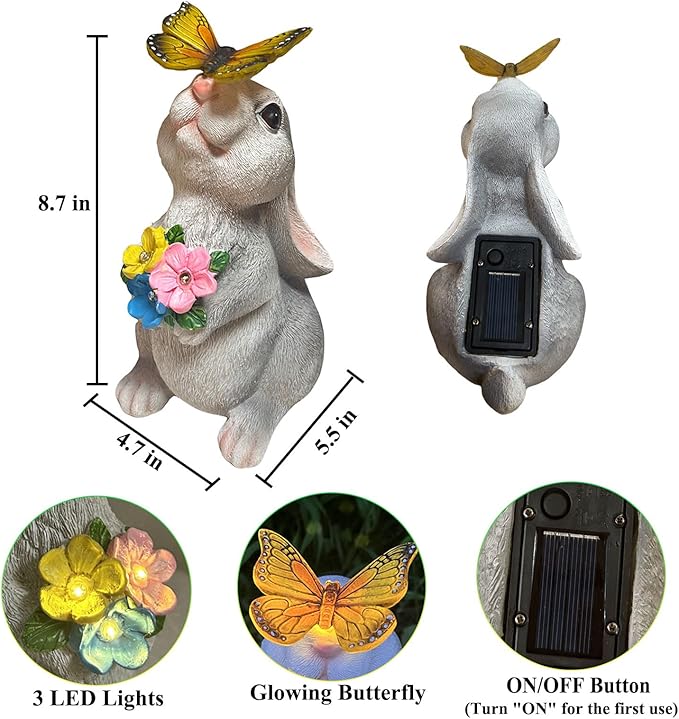 YODY Solar Garden Statues Outdoor Decor- Yard Decorations for Patio, Balcony, Backyard, Lawn Ornaments - Rabbit Figurines with LED Light- Unique Birthday House Warming Gifts for Women, Mom, Grandma-Ruum Studio Home