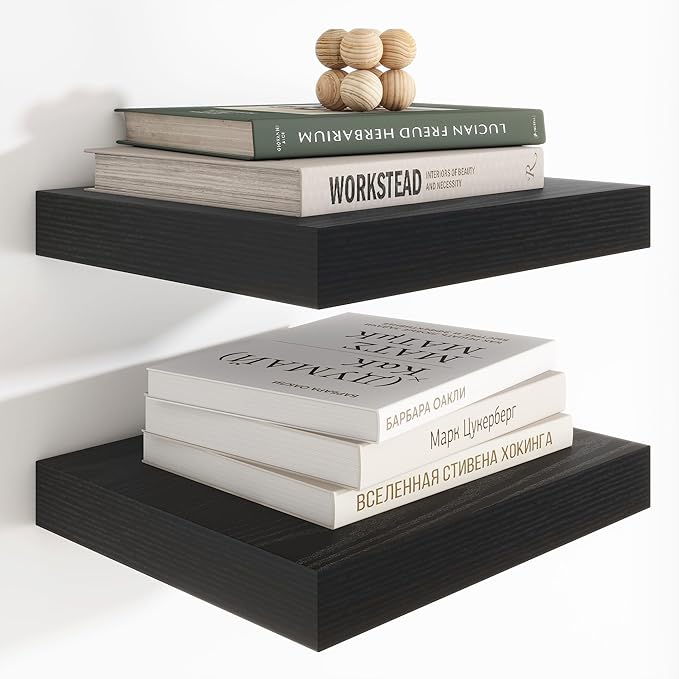 Heimlove 12 Inch Deep Floating Shelves, 12 x 12 inches Long Wall Shelf, Large Extra Display Shelf & Storage Shelf, Rustic Wood Wall Shelves for Fireplace Mantel, Black - 2Pack-Ruum Studio Home