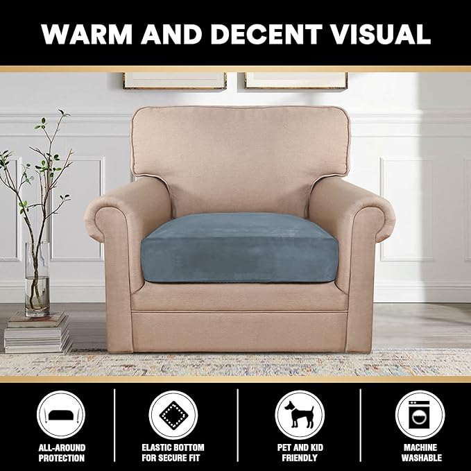 PrinceDeco Stretch Velvet Couch Cushion Cover,Soft Cushion Slipcover for Chair Cushion Fitted Sofa Cover Furniture Protector for Sectional Cushion Cover (Width Up to 29.5", Stone Blue)-Ruum Studio Home