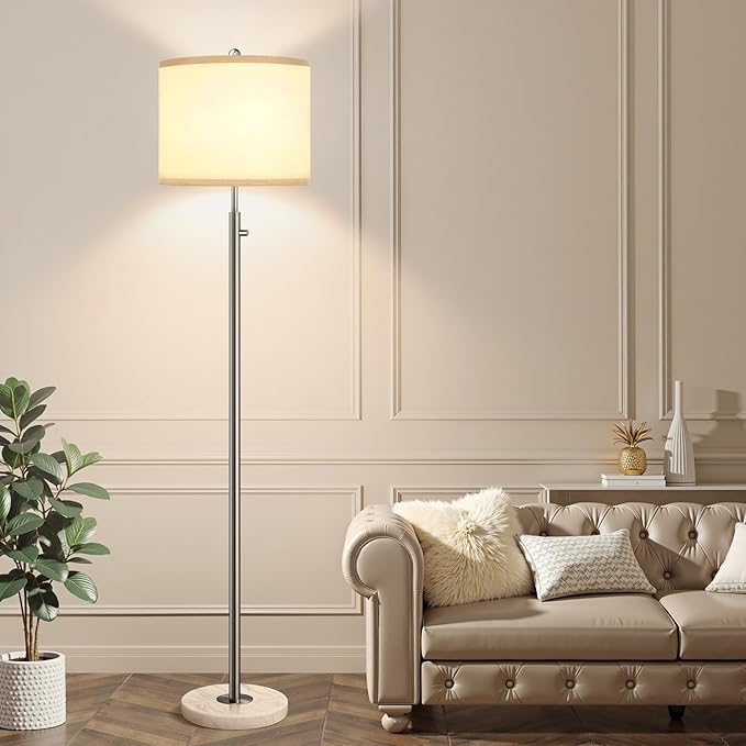 【Upgraded】 Dimmable Floor Lamp for Living Room, 11W LED Bulb Included, Modern Standing Lamp with Marble Base, Tall Pole Light with Linen Shade for Bedroom Reading Office Corner Nursery-Brushed Nickel-Ruum Studio Home