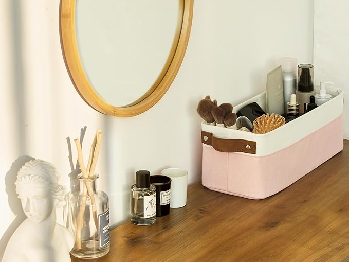 StorageWorks Narrow Storage Bins, Small Basket for Closet and Shelves, Fabric Organizer with Handles, Toilet Paper Storage, Pink and White, 2-Pack-Ruum Studio Home