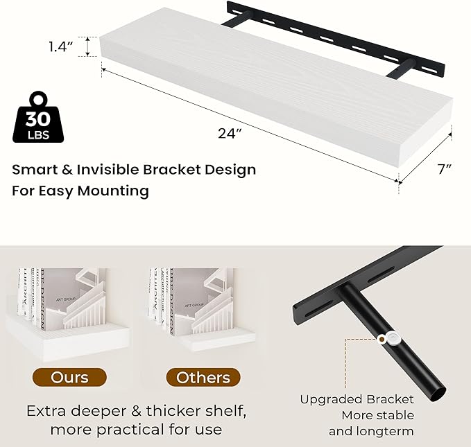 24 inch Floating Shelves Long Floating Shelves for Wall Large Wall Mounted Shelves with Invisible Brackets, White Shelves for Bathroom, Living Room, Kitchen, Office, 24x6.7 inch deep Set of 2-Ruum Studio Home
