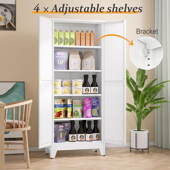 White Pantry Storage Cabinet,71" Kitchen Pantry with Doors and 4 Adjustable Shelves, Metal Storage Cabinet, for Office, Home, Garage, School-Ruum Studio Home