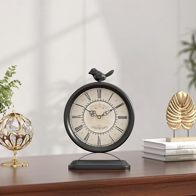 Vintage Table Clock with Bird, European Antique Style Black Mantel Clocks, Desk and Shelf Decor Clock, for Farmhouse, Bedside, Living Room, Bedroom, Gift (9" H x 6.5" W)-Ruum Studio Home