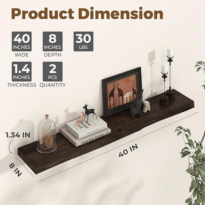 Axeman 40 inch Floating Shelves for Wall - 8'' D Live Edge Rustic Solid Elm Wood Floating Shelves Wall Mounted, Wall Shelves with Invisible Bracket for Living Room Bedroom Kitchen, Set of 1 Walnut-Ruum Studio Home