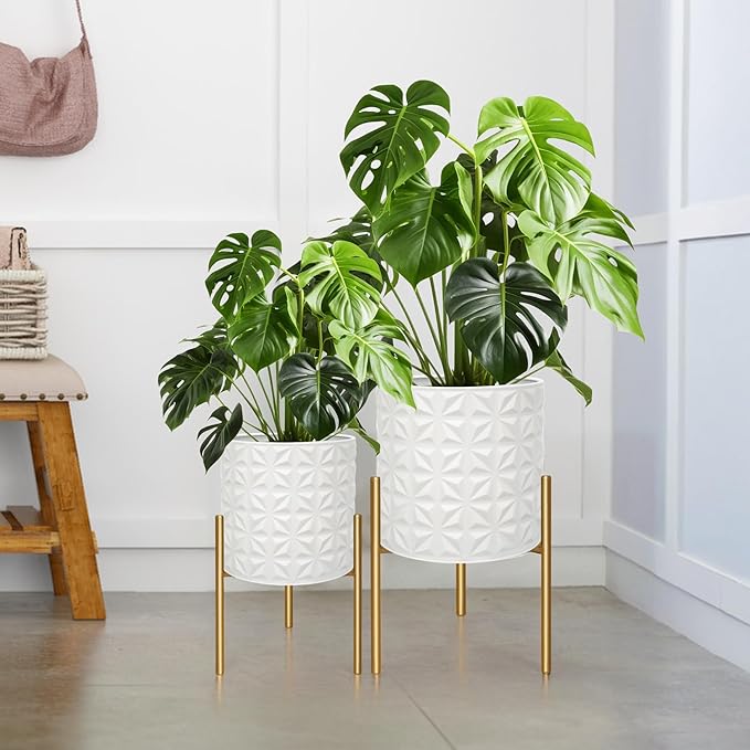 ARNIS Modern Planter Pots, Set of 2 Large Planters with Stand, Decorative Planters, Metal Pots with Drainage Holes for Living Room, Office, Garden or Balcony, 10.5 &12.25 Inch, Matte White-Ruum Studio Home