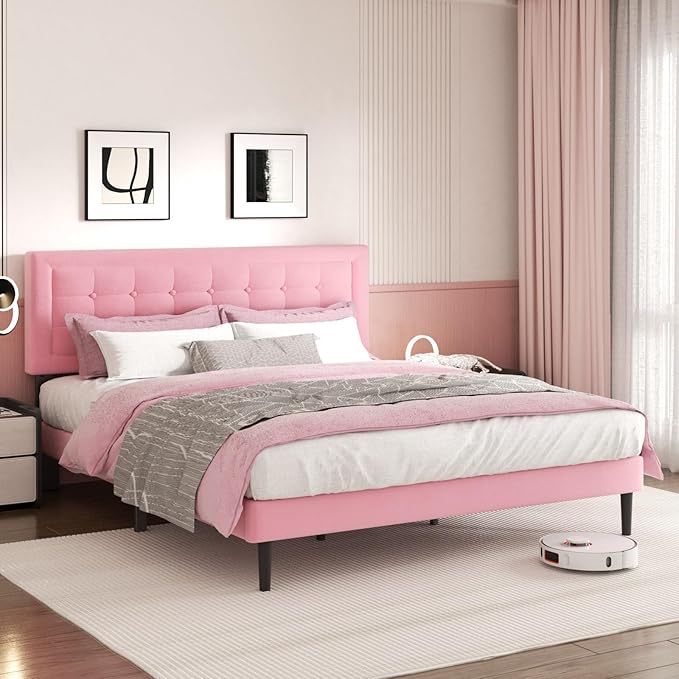 King Size Bed Frame with Headboard, Platform Bed Frame with Velvet Upholstered Button Tufted Headboard, Wood Slats Support, No Box Spring Needed, Mattress Foundation, Easy Assembly, Pink-Ruum Studio Home