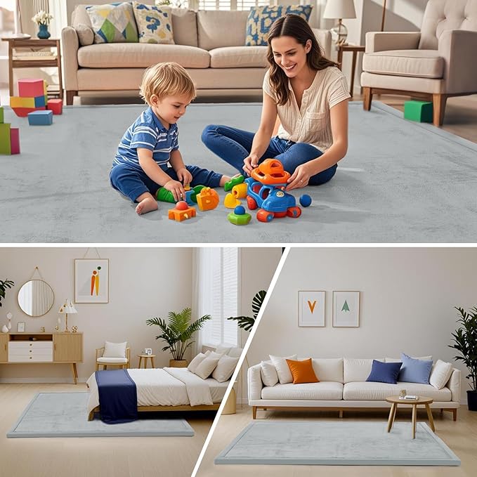 ACOMOPACK Baby Play Mat for Floor,1.3" Thick Memory Foam Area Rug for Living Room,Soft Velvet Crawling with Non-Slip Bottom for Kid,Toddler,79"×118" Tummy Time Nursery Rugs,Yoga（Light Grey）-Ruum Studio Home