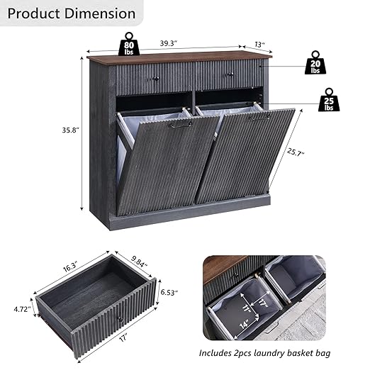 Modern Double Tilt-Out Trash Cabinet, 20 Gallon Fluted Laundry Hamper Cabinet with 2 Drawers, Wooden Hidden Garbage Can Cabinet with Storage Basket, Free Standing for Kitchen & Living Room, Grey-Ruum Studio Home