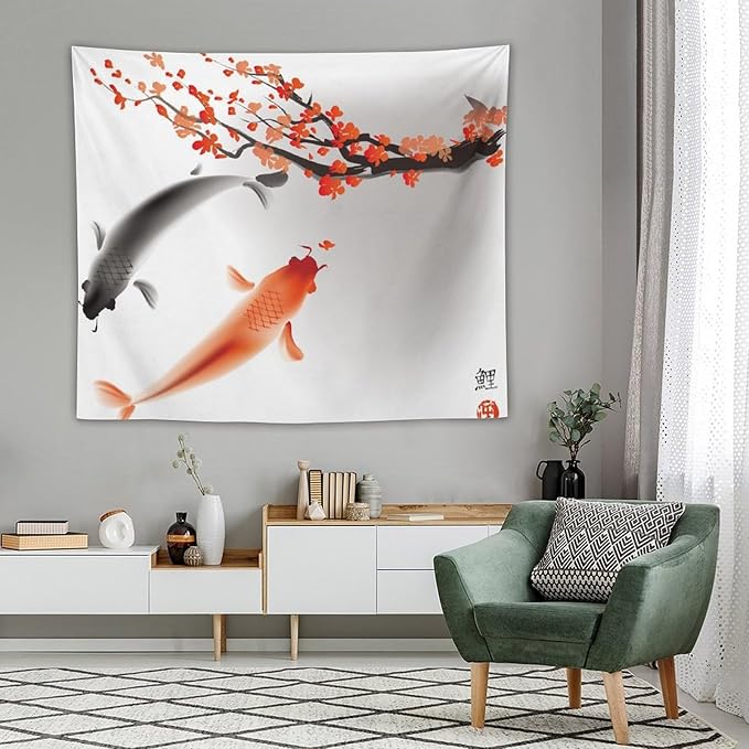 Houselerax Japanese Koi Fish Tapestry, Cherry Blossoms Asian Oriental Flower Branch Koi Fish Carp Tapestries Wall Hanging for Bedroom Living Room Office Decor 60"x50"-Ruum Studio Home