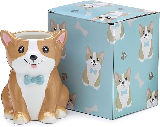 Burton Corgi Coffee Mug with Gift Box, Brown Porcelain Ceramic Cup with Handle, 10 oz Capacity-Ruum Studio Home