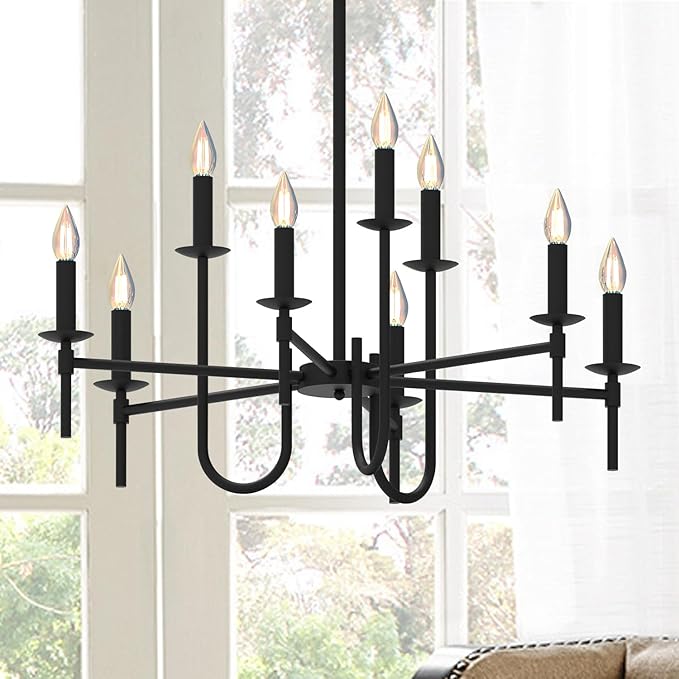 Farmhouse Black Chandelier, Modern Candle Hanging Lamp, Round LED Ceiling Pendant Lights for Kitchen Island Living Room Bedroom Dining Room (Black-B 9Lights)-Ruum Studio Home