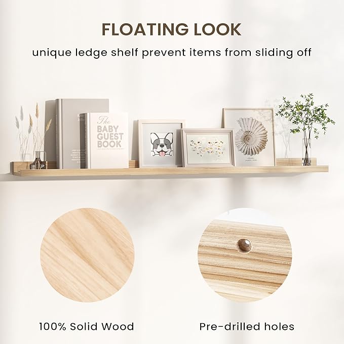 Floating Shelves for Wall, Picture Ledge Shelf 24 Inch Solid Wood Set of 2, Rustic Wall Shelves with Lip, Kids Bookshelf, Photo & Picture Live Edge Floating Shelves for Bedroom, Living Room, Kitchen-Ruum Studio Home