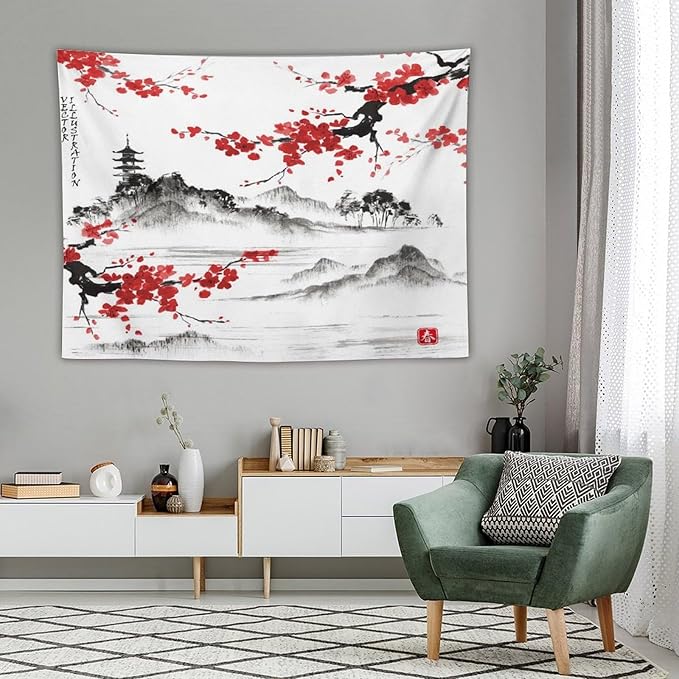 Cherry Blossoms Tapestry, Japanese Fuji Mountain Tapestry, Asian Japanese Wall Tapestry, Nature Landscape Tapestries for Bedroom Living Room Decor 80"x60"-Ruum Studio Home