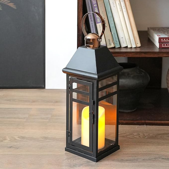 TRIROCKS Decorative Vintage Candle Lanterns 15.5" H Farmhouse Outdoor Hanging Lanterns with Tempered Glass for Porch, Balcony, Patio, Home, Centerpieces, Indoor, Outdoor(Black with Gold top)-Ruum Studio Home